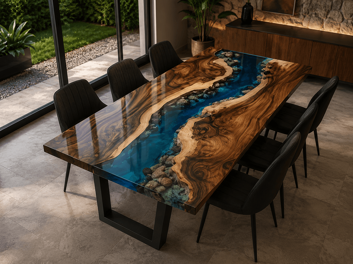 Mesa de comedor Río Azul, madera y resina epóxica color aguamarina
